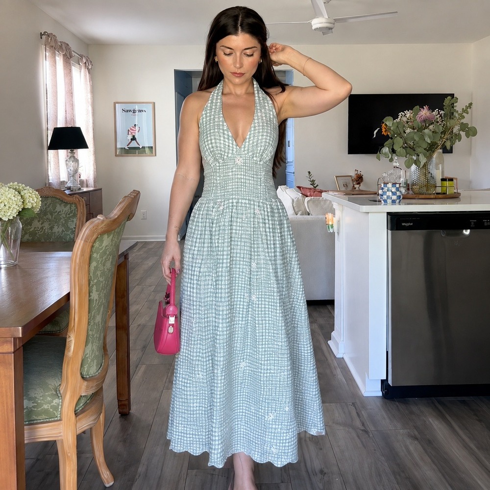 Thirty Thirty | Sage Gingham Floral Embroidered Halter Midi Dress